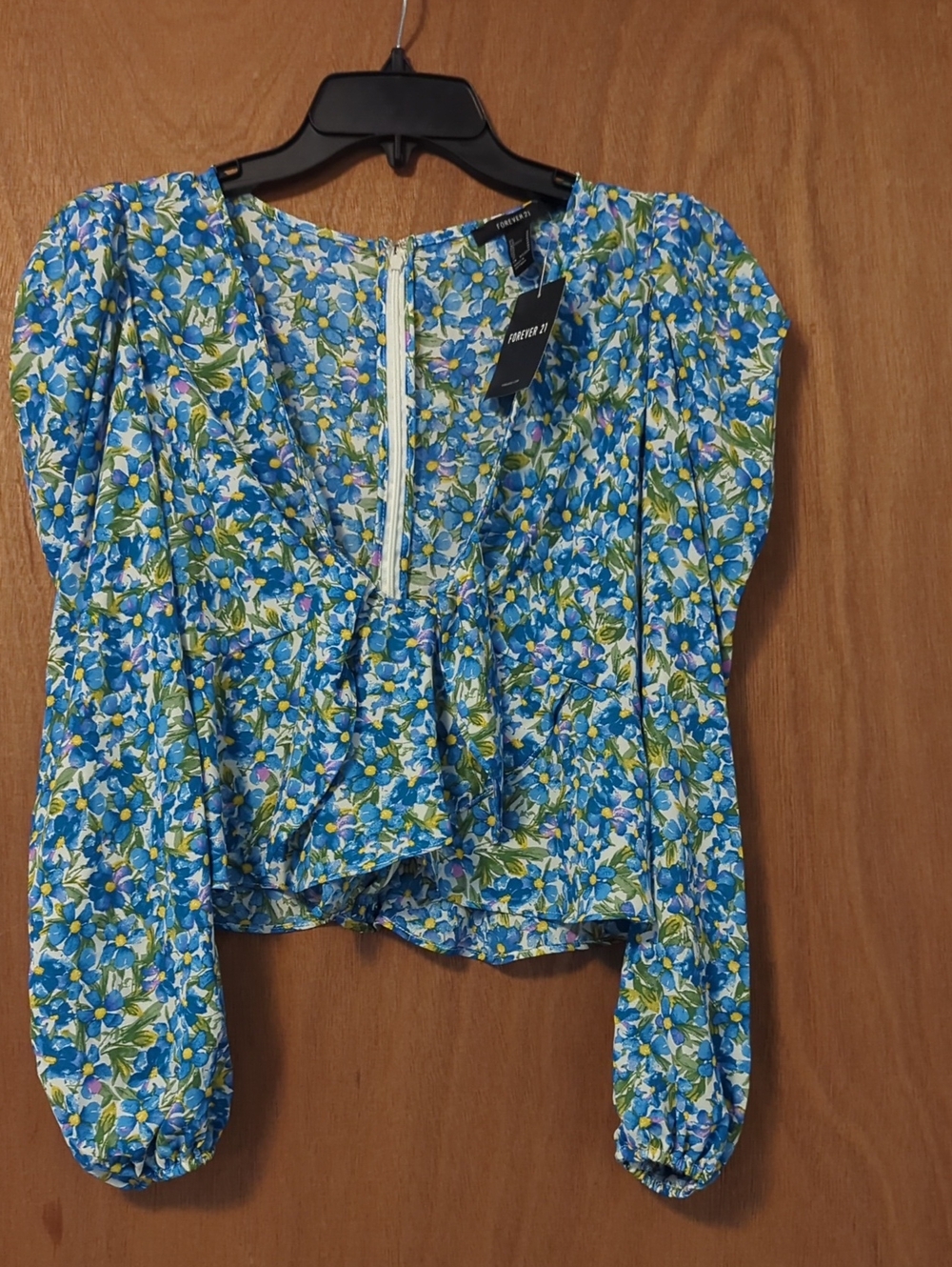 Forever 21 Blue & Green Floral Puff-Sleeve Crop Top